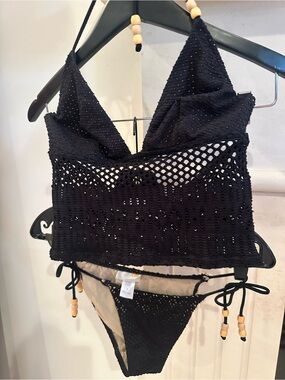 JLO Black Crochet Two-Piece Swim Set - Women bikini beaded ties never worn